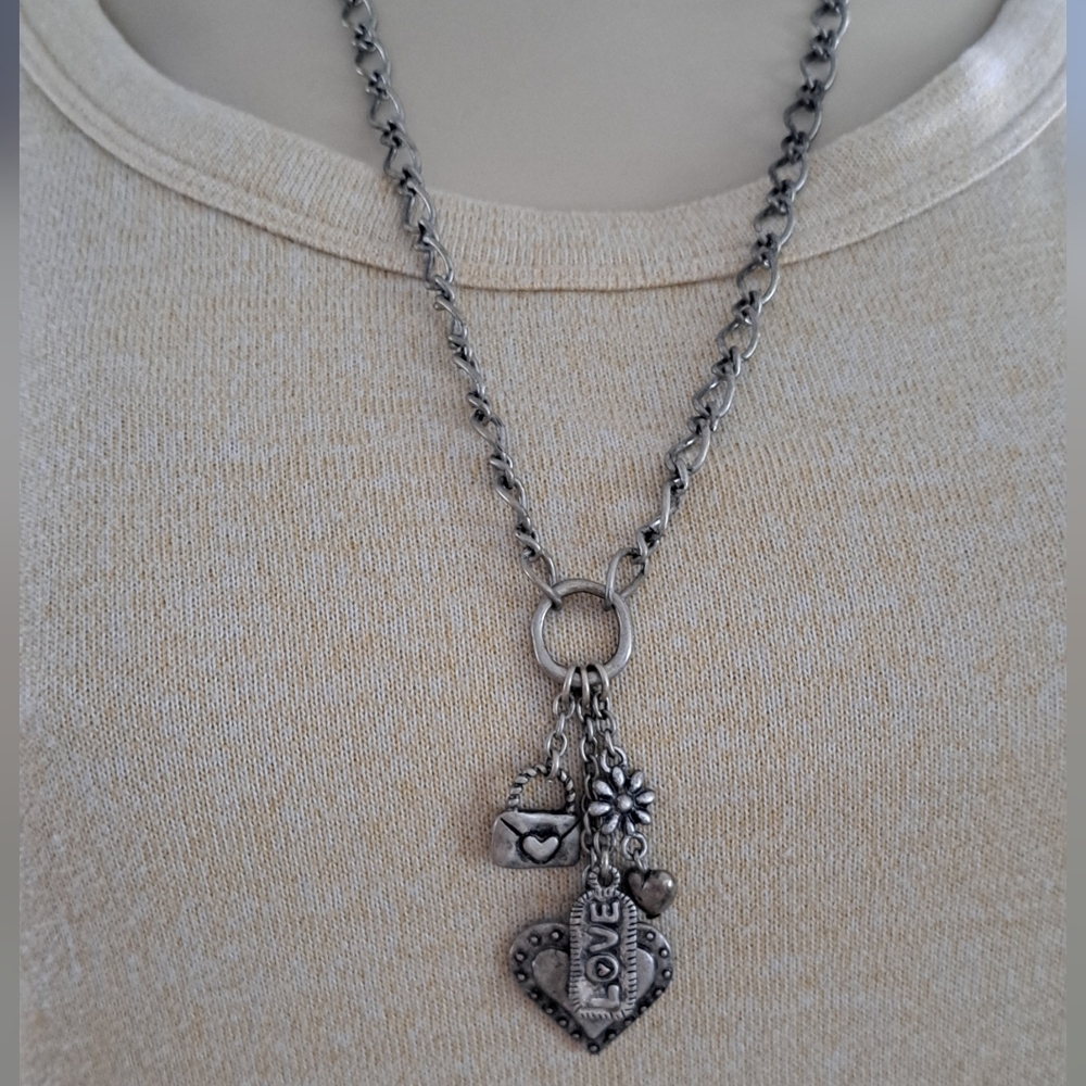 Silver Tone Charm Necklace – Love Heart & Floral Charms – Adjustable
